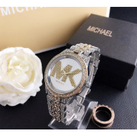 Женские часы Michael Kors качественные реплика. Брендовые наручные часы с камнями золотистые серебристые Золотой с серебром